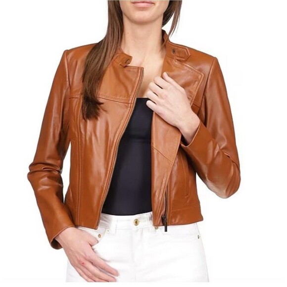 MICHAEL KORS Jacket 100% lambskin Leather Asymmetric Zip Brown luggage NWT - Picture 4 of 16